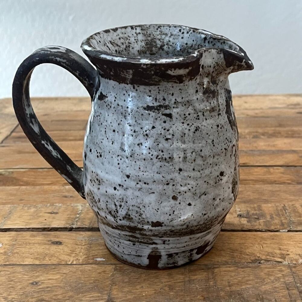 Vintage Studio Art Pottery Rustic Ceramic Pitcher 6.5" Tall Brown White Tones